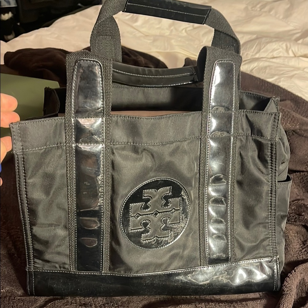Like New Tory Burch Ella black nylon patent tote